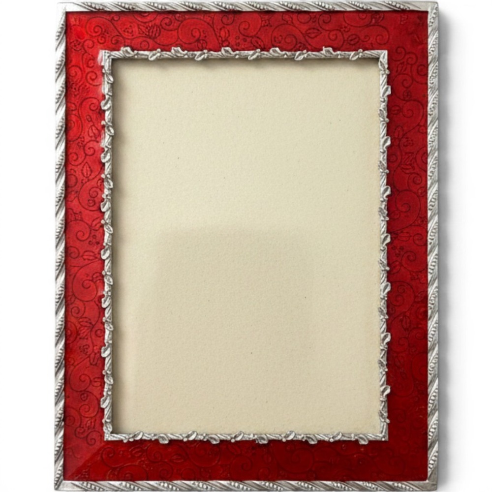 Red Enamel Silver Tone Scroll Holly Leaf Picture Frame Tabletop 5x7 Holiday